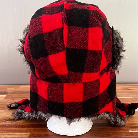 Earth Ragz Trapper Hat Buffalo Red Black Plaid Faux Fur Ear Flaps Hunting Winter - Picture 5 of 9